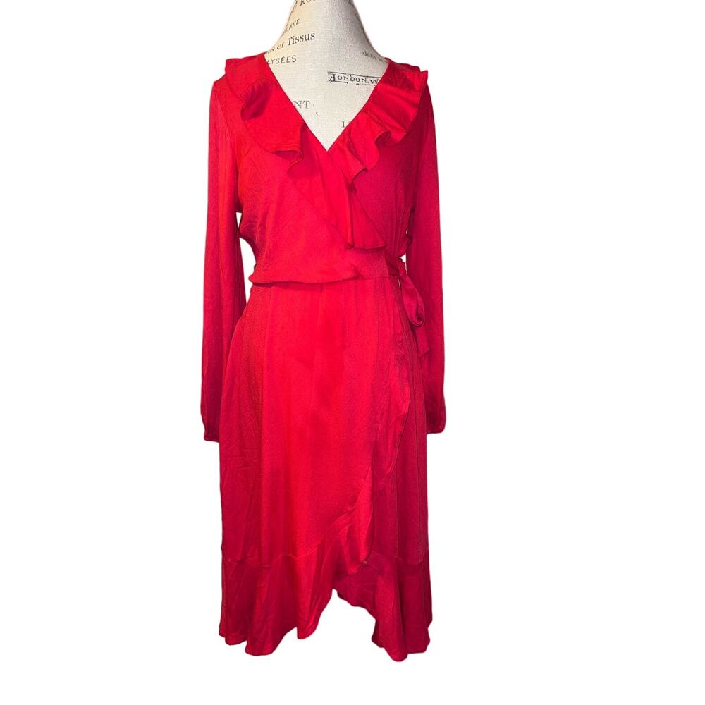 Closet London Women's Red Faux Wrap Long Sleeve Ruffled Trip NWT Size 10